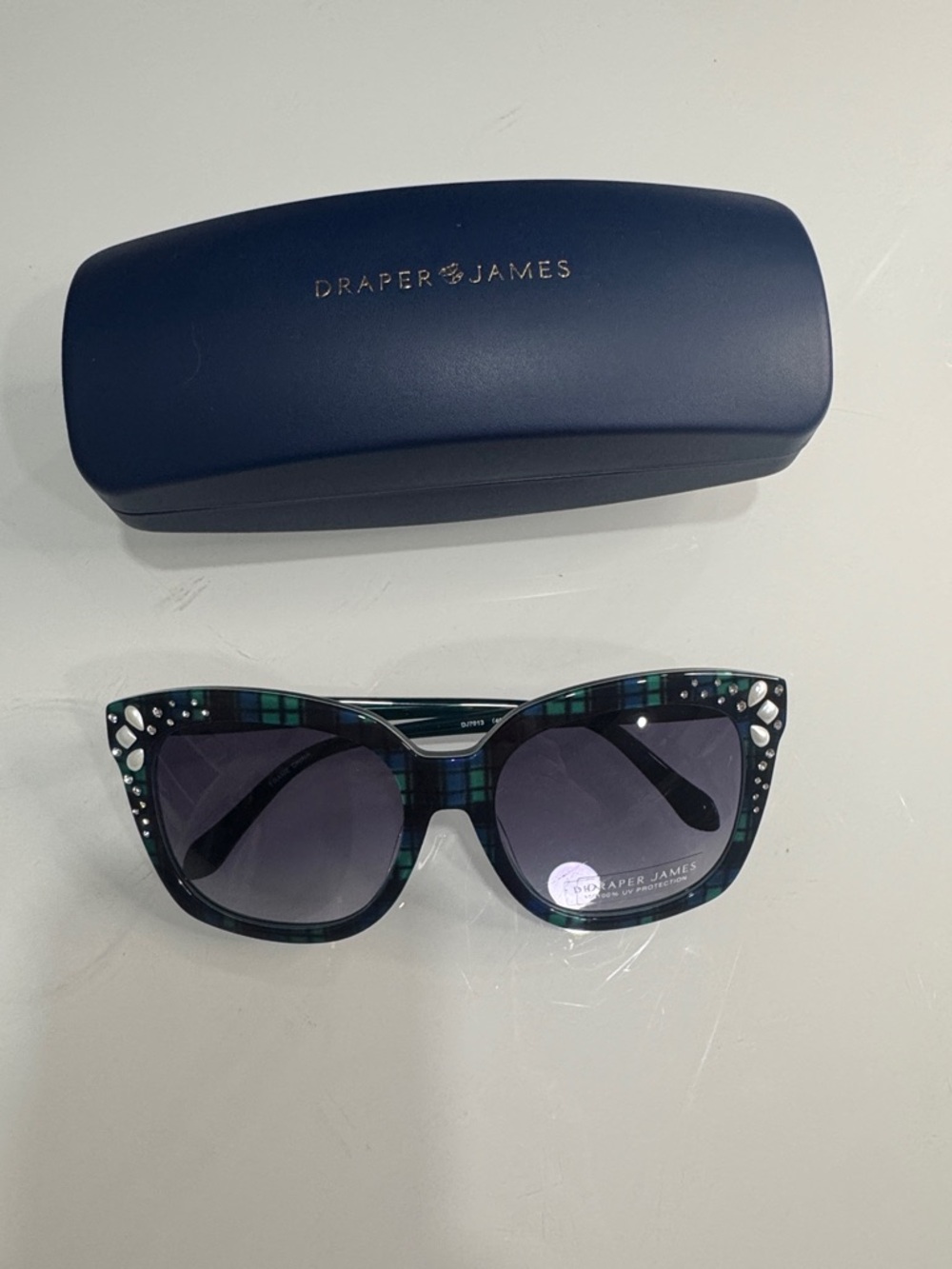 Draper James Green and Black Tartan Cat-Eye Sunglasses with Crystal Accents
